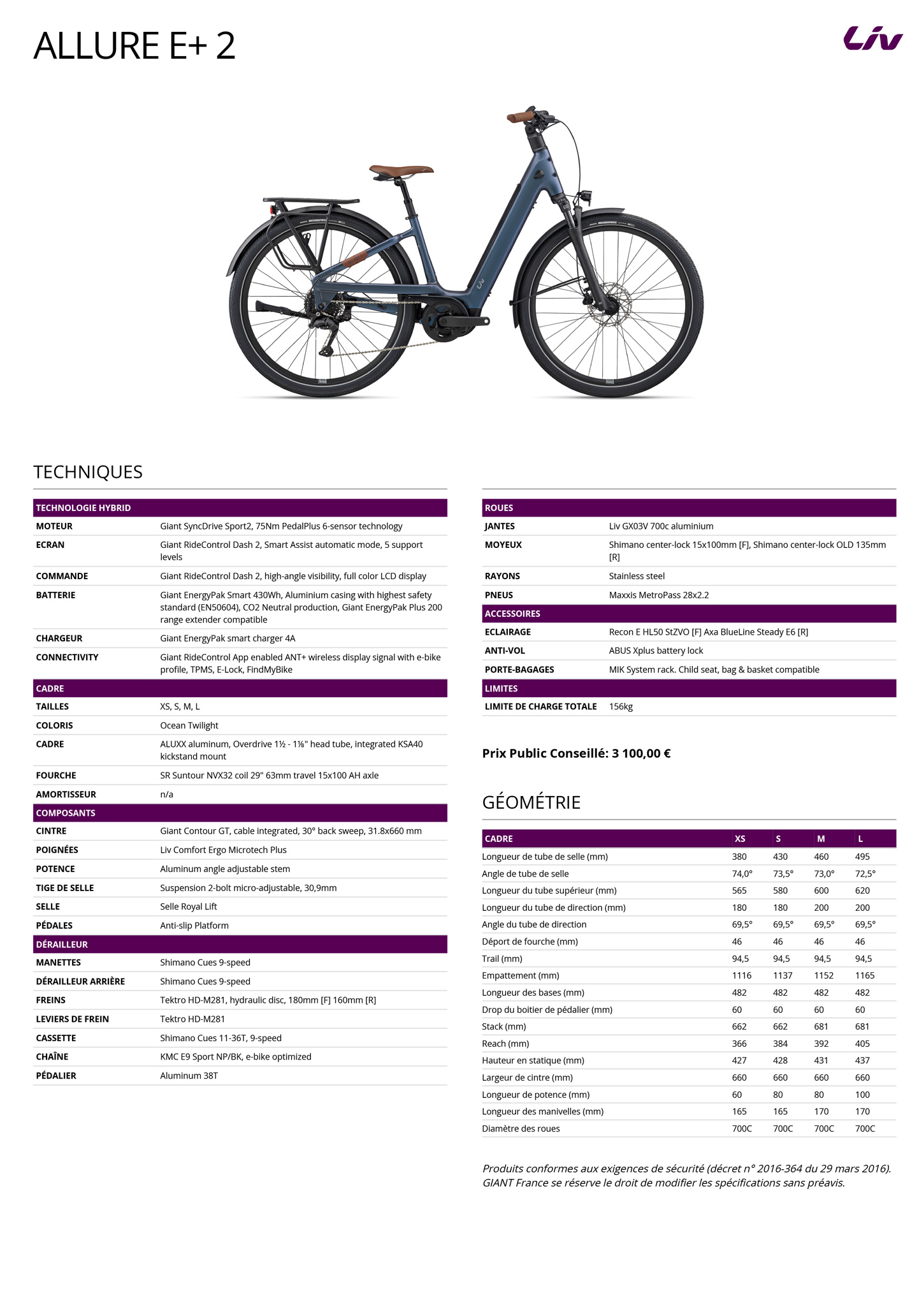 Fiche technique du velo élctrique Allure E+ 2 année 2026